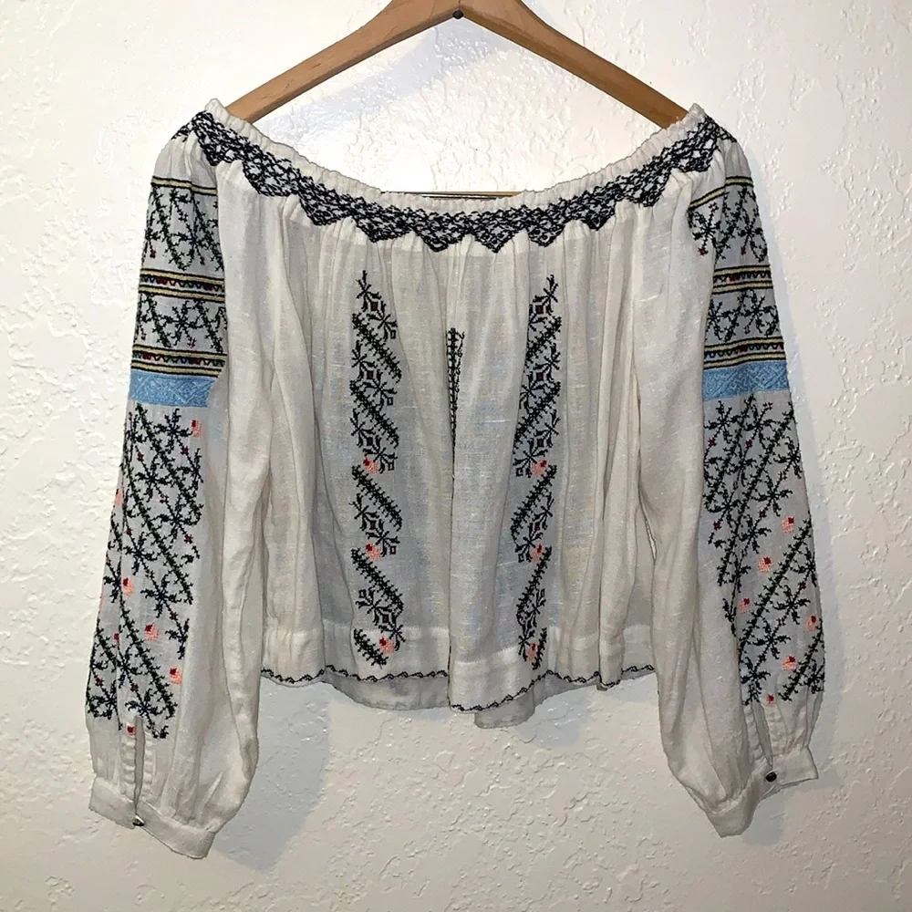 Free People All I Need Embroidered Crop Top White Blue XS